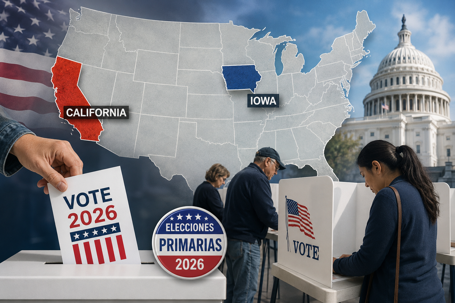 Elecciones primarias en Estados Unidos 2026 con votantes y mapa político de California e Iowa.