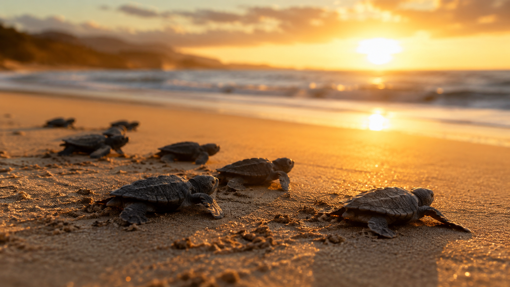 Crías de tortugas marinas avanzando hacia el mar en una playa protegida de Michoacán.